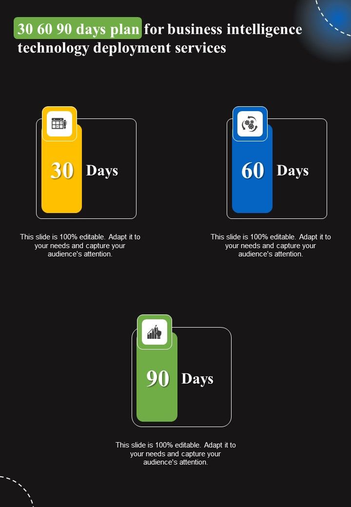 30 60 90 Days Plan For Business Intelligence Technology Deployment Services One Pager Sample Example Document