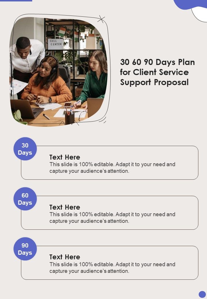 30 60 90 Days Plan For Client Service Support Proposal One Pager Sample Example Document Slide01