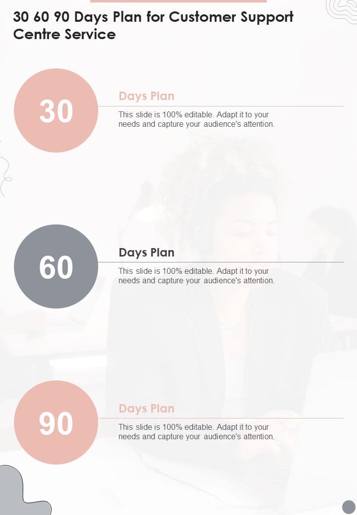 30 60 90 Days Plan For Customer Support Centre Service One Pager Sample Example Document Slide01