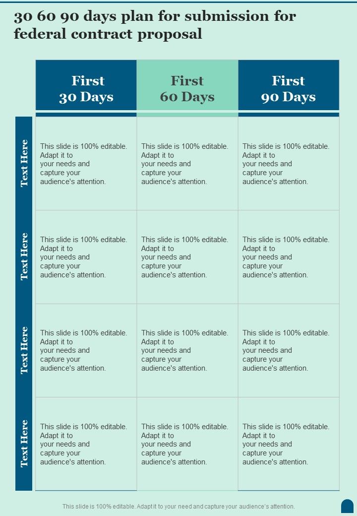 30 60 90 Days Plan For Submission For Federal Contract One Pager Sample Example Document Slide01