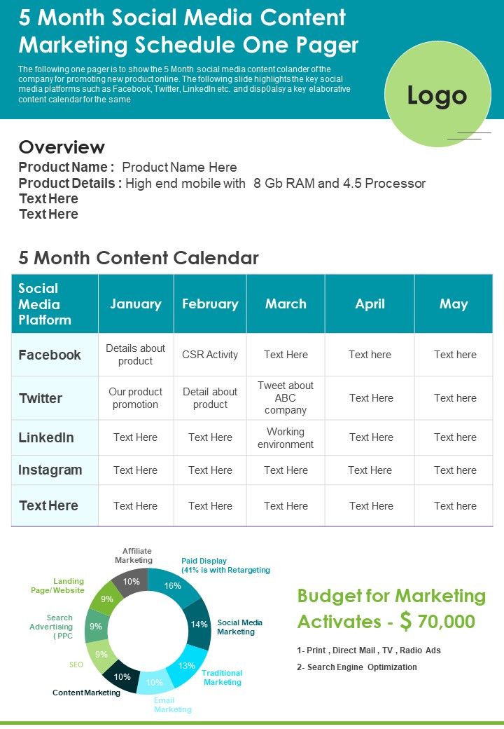 5 Month Social Media Content Marketing Schedule One Pager PDF Document PPT Template Slide01