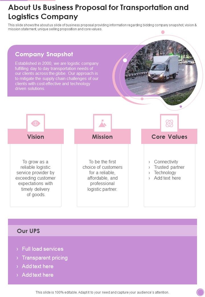 About Us Business Proposal For Transportation And Logistics Company One Pager Sample Example Document Slide01