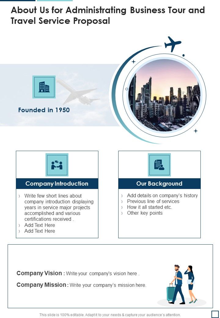 About Us For Administrating Business Tour And Travel Service Proposal One Pager Sample Example Document Slide01