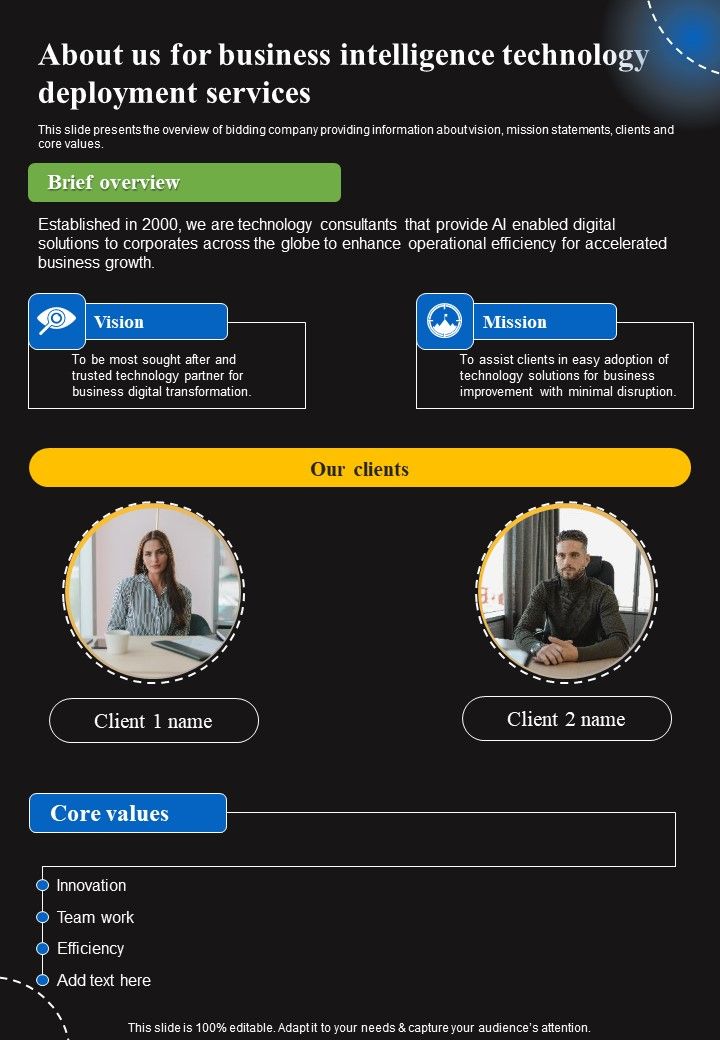 About Us For Business Intelligence Technology Deployment Services Mission One Pager Sample Example Document
