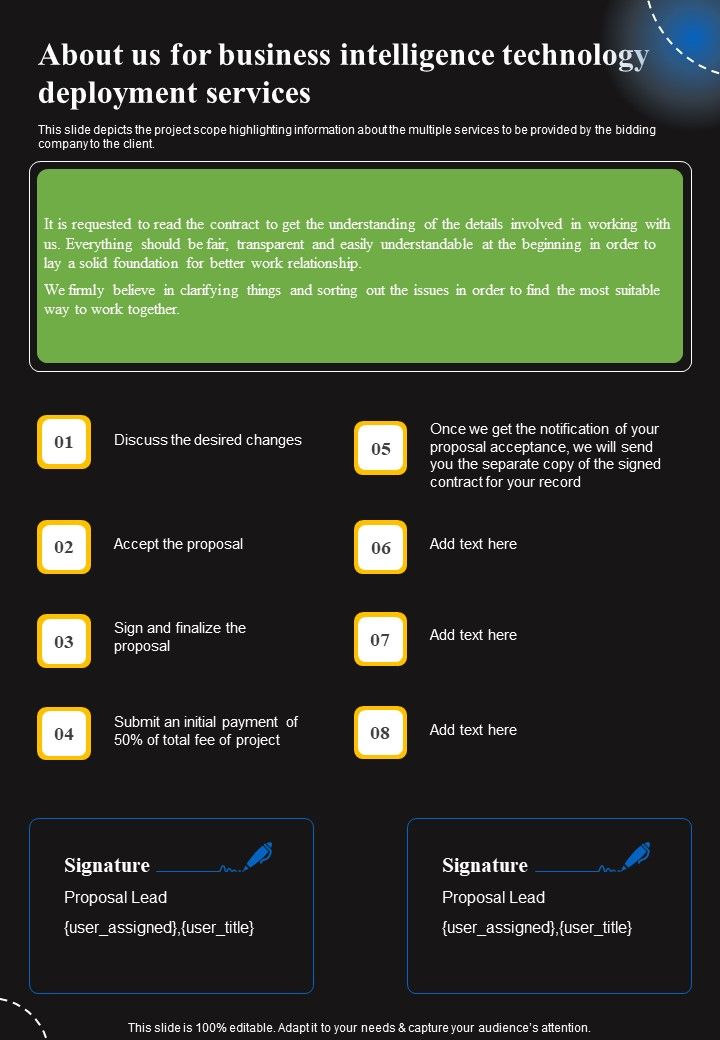 About Us For Business Intelligence Technology Deployment Services One Pager Sample Example Document