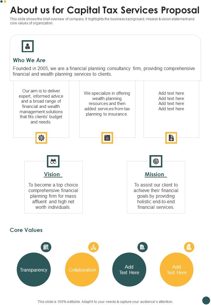 About Us For Capital Tax Services Proposal One Pager Sample Example Document Slide01