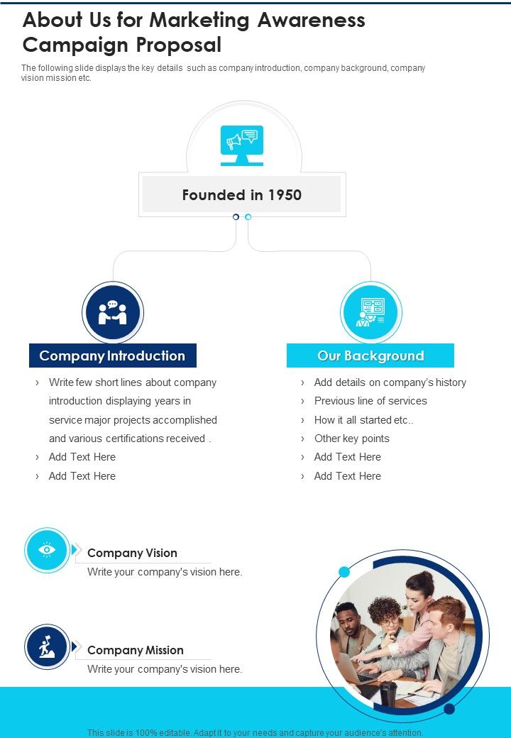 About Us For Marketing Awareness Campaign Proposal One Pager Sample Example Document Slide01