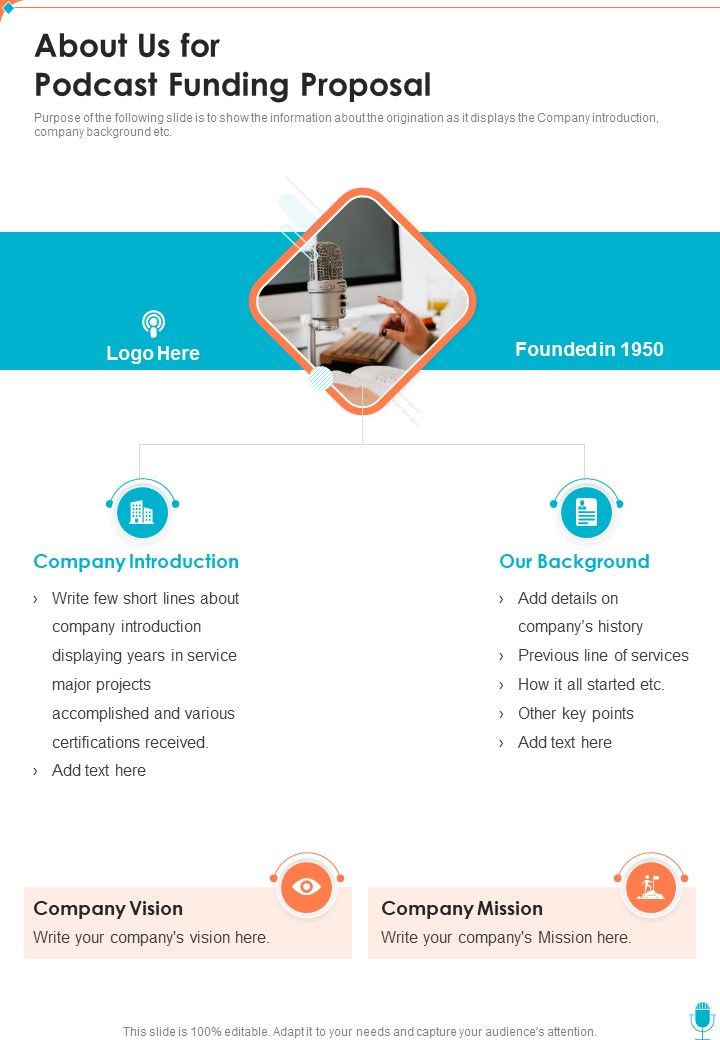 About Us For Podcast Funding Proposal One Pager Sample Example Document Slide01