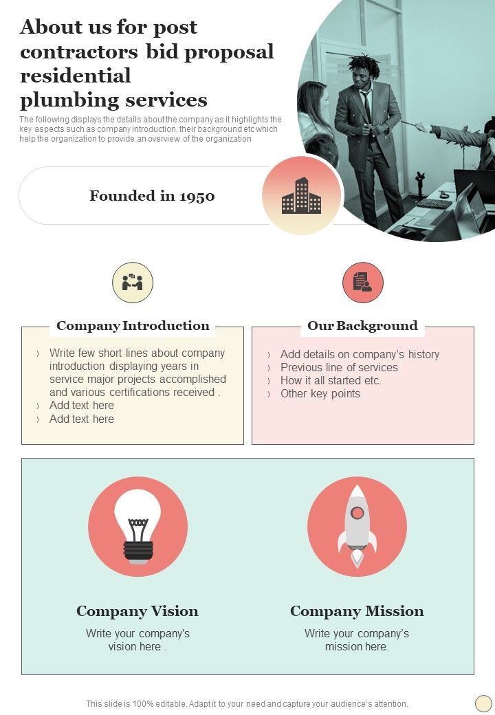 About_Us_For_Post_Contractors_Bid_Proposal_Residential_Plumbing_Services_One_Pager_Sample_Example_Document_Slide_1.jpg