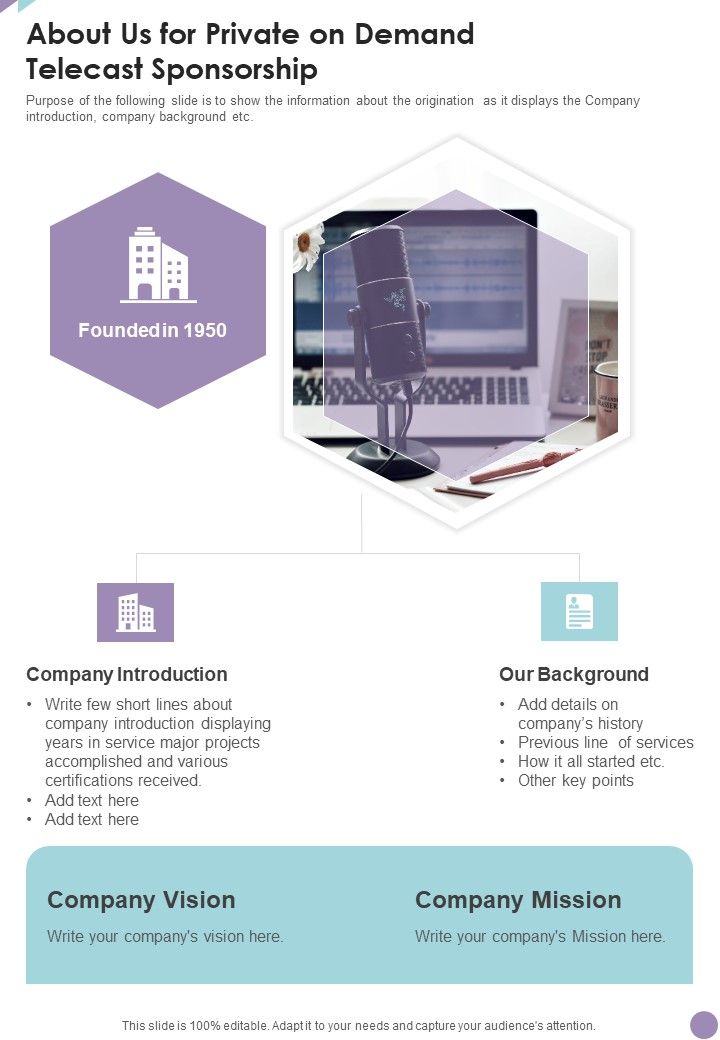 About Us For Private On Demand Telecast Sponsorship One Pager Sample Example Document Slide01