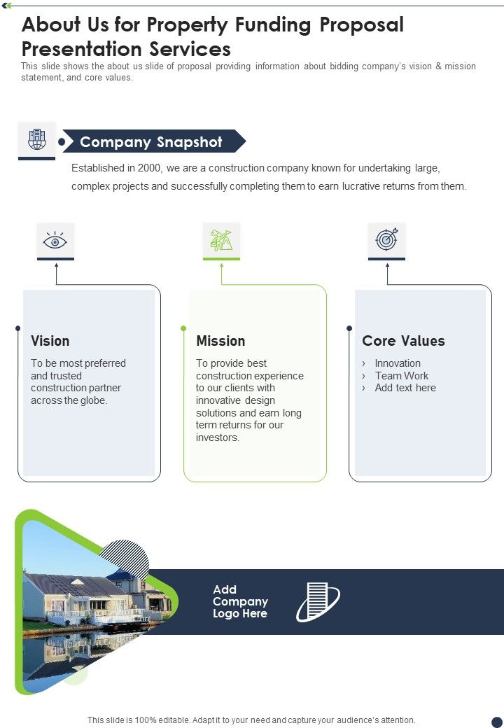 About Us For Property Funding Proposal Presentation Services One Pager Sample Example Document Slide01
