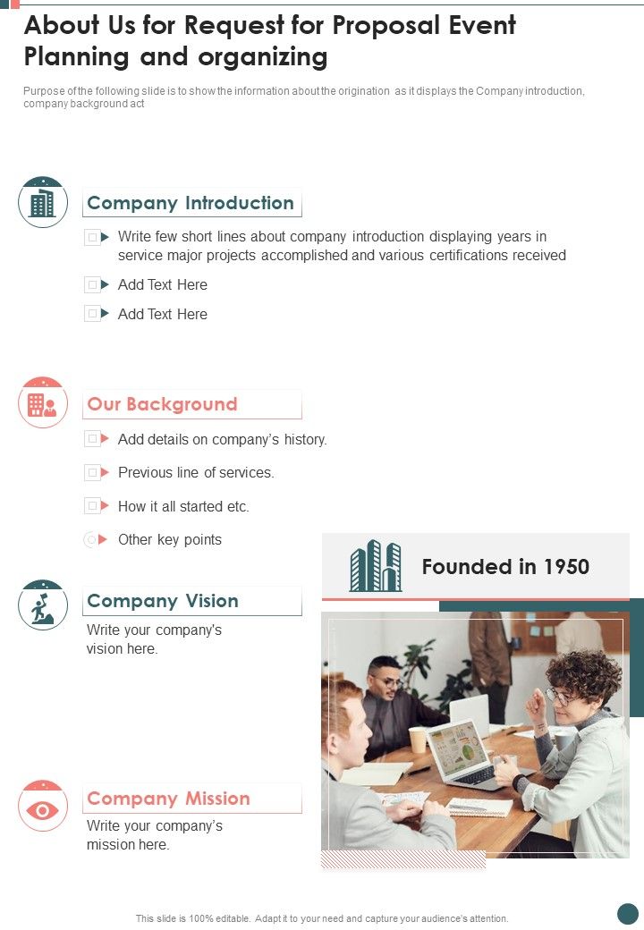 About Us For Request For Proposal Event Planning And Organizing One Pager Sample Example Document Slide01