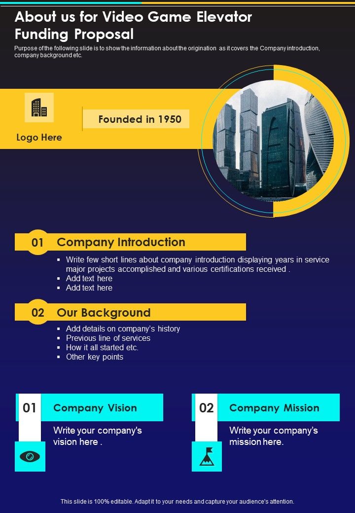 About Us For Video Game Elevator Funding Proposal One Pager Sample Example Document Slide01