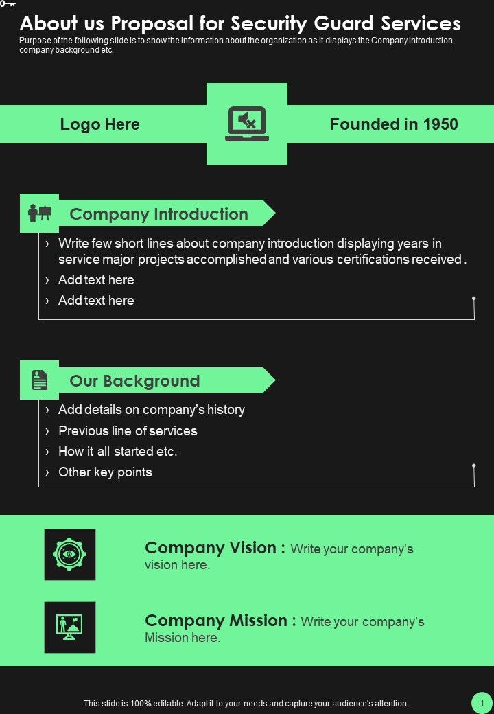 About Us Proposal For Security Guard Services One Pager Sample Example Document Slide01
