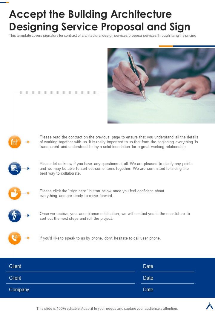 Accept The Building Architecture Designing Service Proposal And Sign One Pager Sample Example Document Slide01