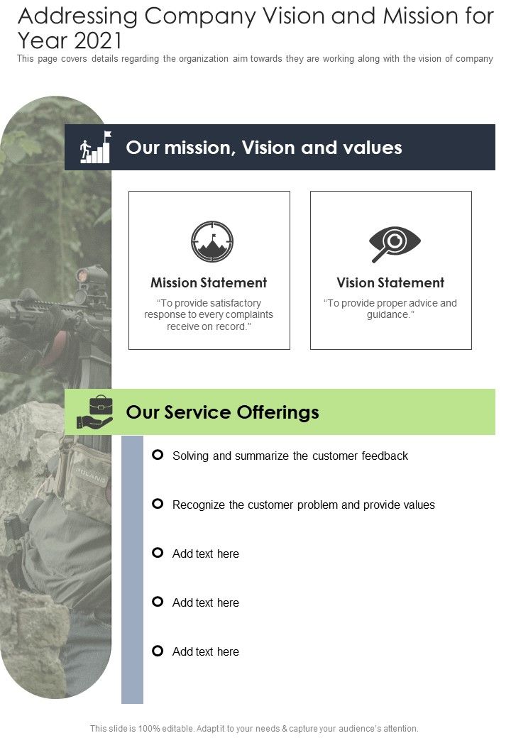 Addressing Company Vision And Mission For Year 2021 One Pager Documents Slide01