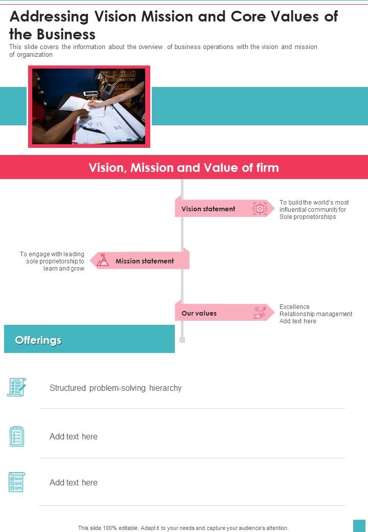 Addressing Vision Mission And Core Values Of The Business One Pager Documents Slide01
