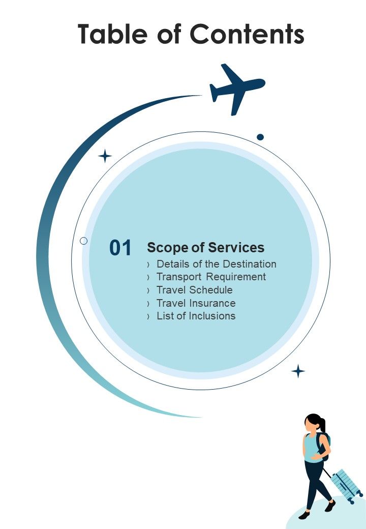 Administrating Business Tour And Travel Service Proposal Table Of Contents One Pager Sample Example Document Slide01