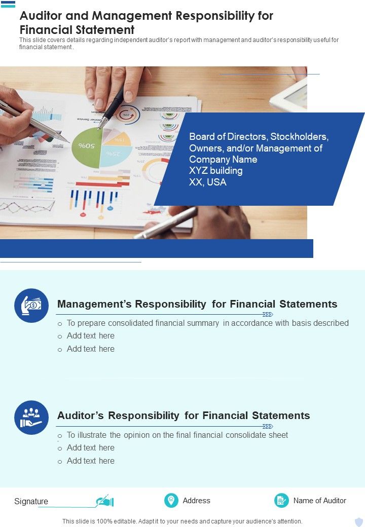 Auditor And Management Responsibility For Financial Statement Template 240 One Pager Documents Slide01