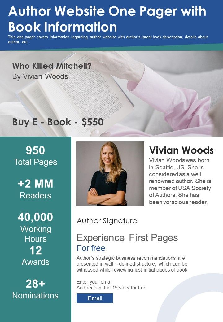 Author Website One Pager With Book Information PDF Document PPT Template Slide01