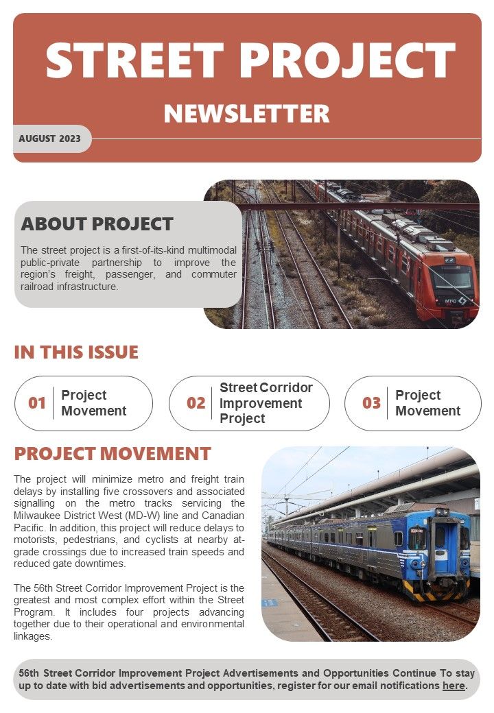 Bifold One Page Street Project Status Updates Newsletter Template Slide01