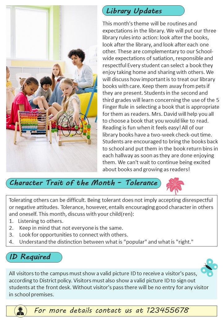 Bifold One Pager Primary School Monthly Newsletter Template