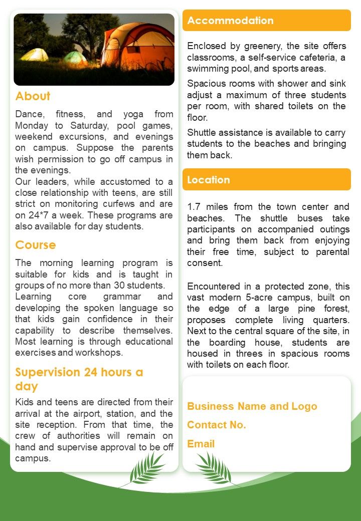 Bifold One Pager Summer Camp Activities Newsletter PDF Document PPT Template