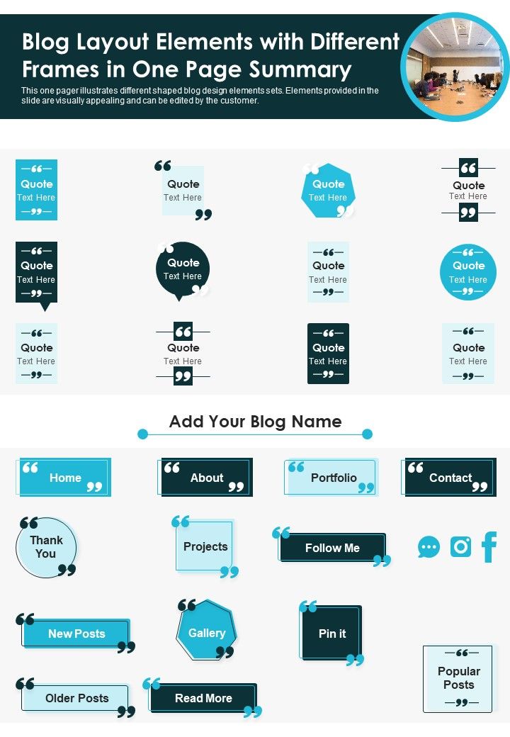 Blog Layout Elements With Different Frames In One Page Summary PDF Document PPT Template Slide01