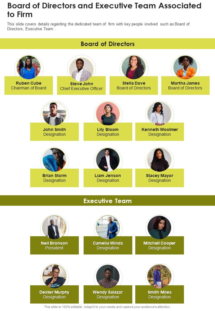 Board Of Directors And Executive Team Associated To Firm One Pager Documents Slide01