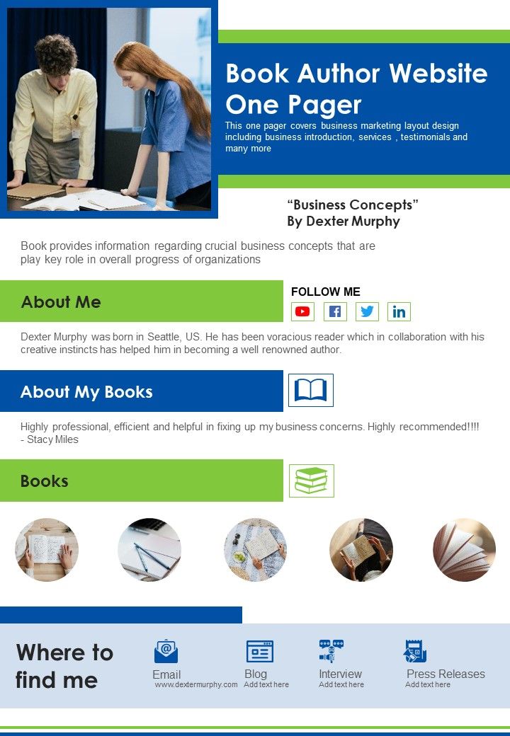 Book Author Website One Pager PDF Document PPT Template Slide01