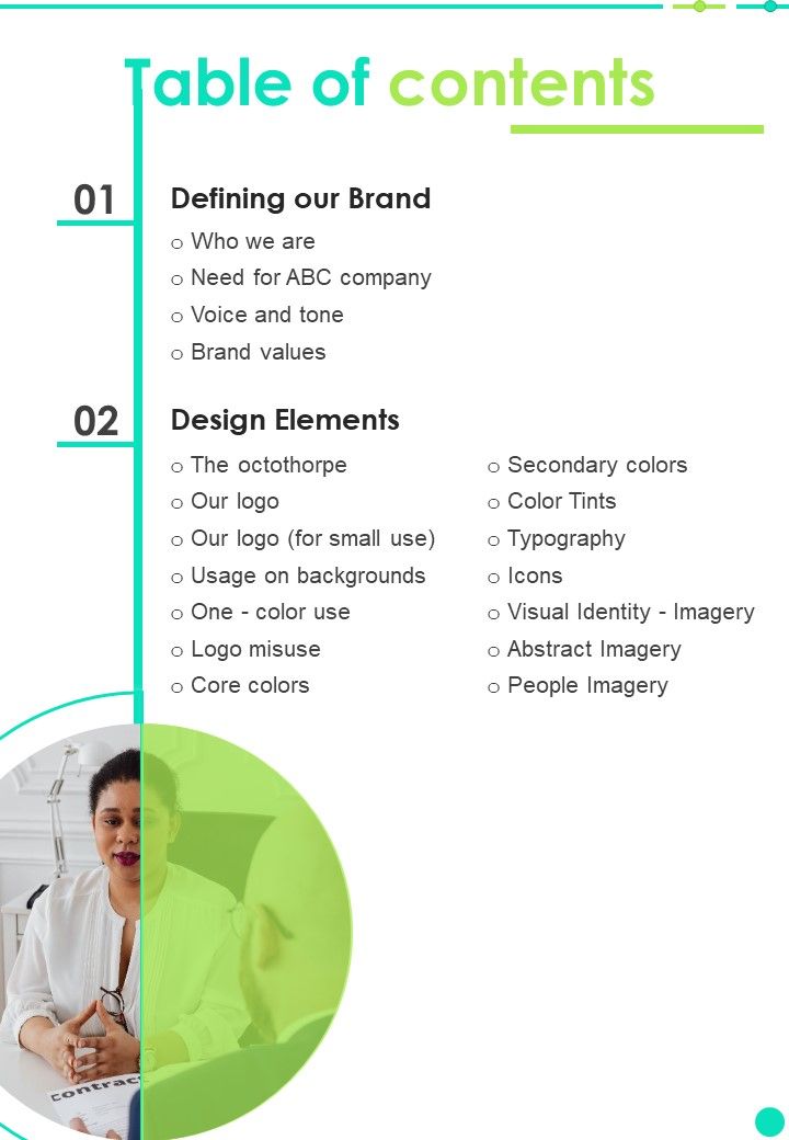 Brand Guide Table Of Contents One Pager Sample Example Document Slide01