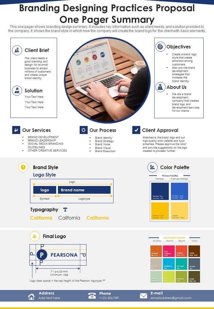 Branding Designing Practices Proposal One Pager Summary PDF Document PPT Template Slide01