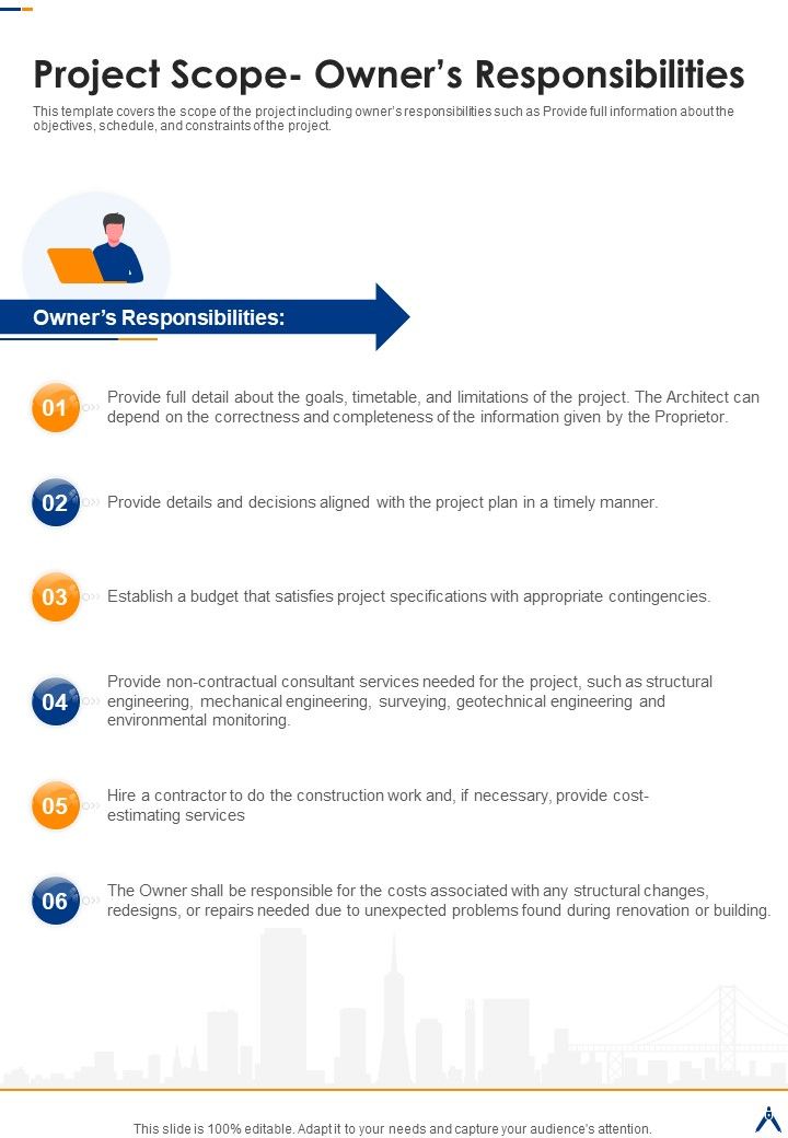 Building Architecture Designing Service Project Scope Owners Responsibilities One Pager Sample Example Document Slide01