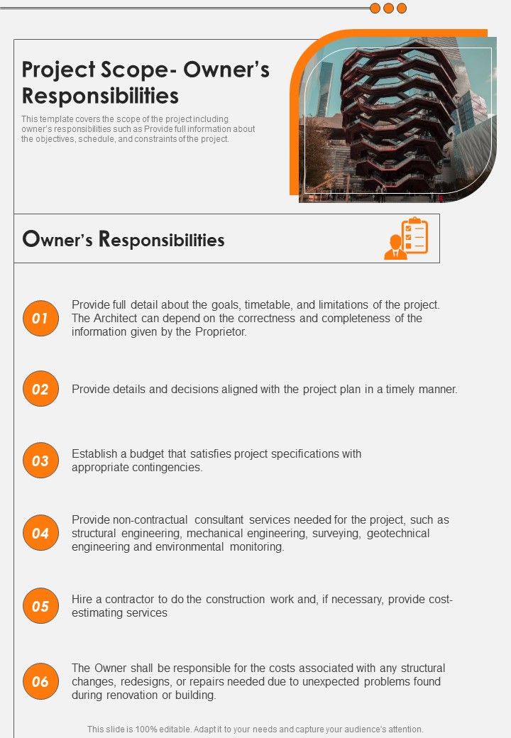 Building Design Services Request Project Scope Owners Responsibilities One Pager Sample Example Document Slide01