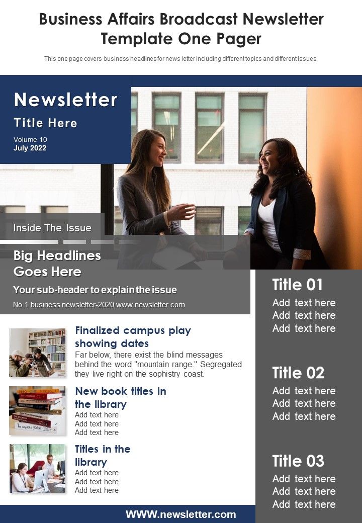 Business Affairs Broadcast Newsletter Template One Pager PDF Document PPT Template Slide01