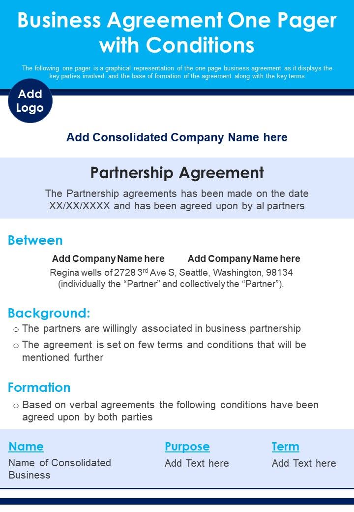 Business Agreement One Pager With Conditions PDF Document PPT Template Slide01