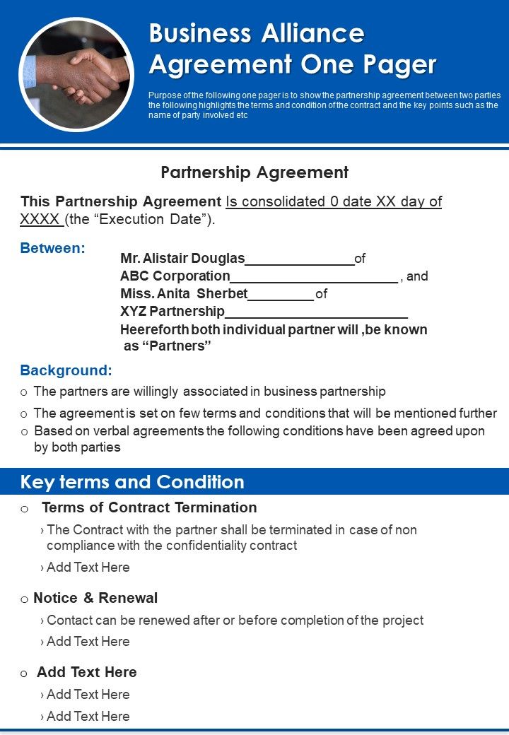 Business Alliance Agreement One Pager PDF Document PPT Template Slide01