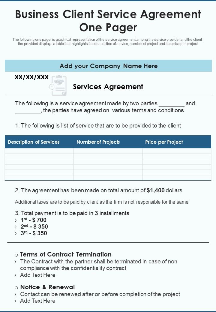 Business Client Service Agreement One Pager PDF Document PPT Template Slide01