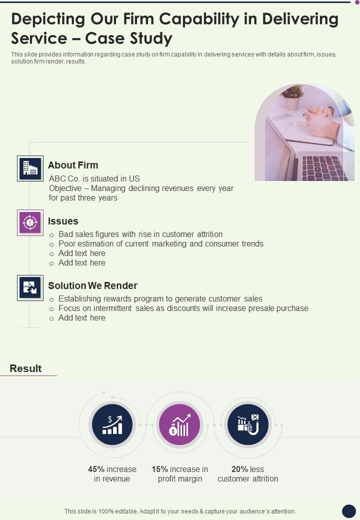 Business Consulting Service Depicting Our Firm Capability In Delivering Service Case Study One Pager Sample Example Document Slide01