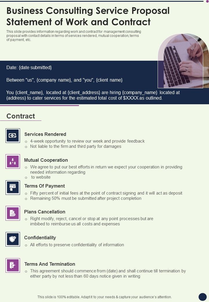 Business Consulting Service Proposal Statement Of Work And Contract One Pager Sample Example Document Slide01