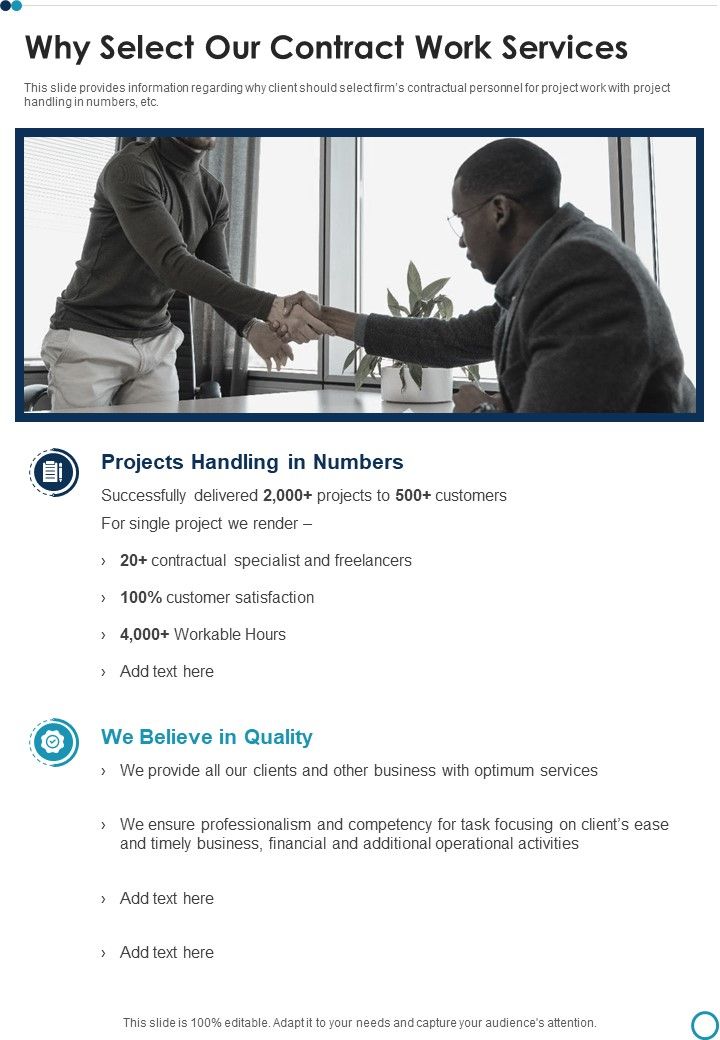 Business Contract Work Template Why Select Our Contract Work Services One Pager Sample Example Document Slide01