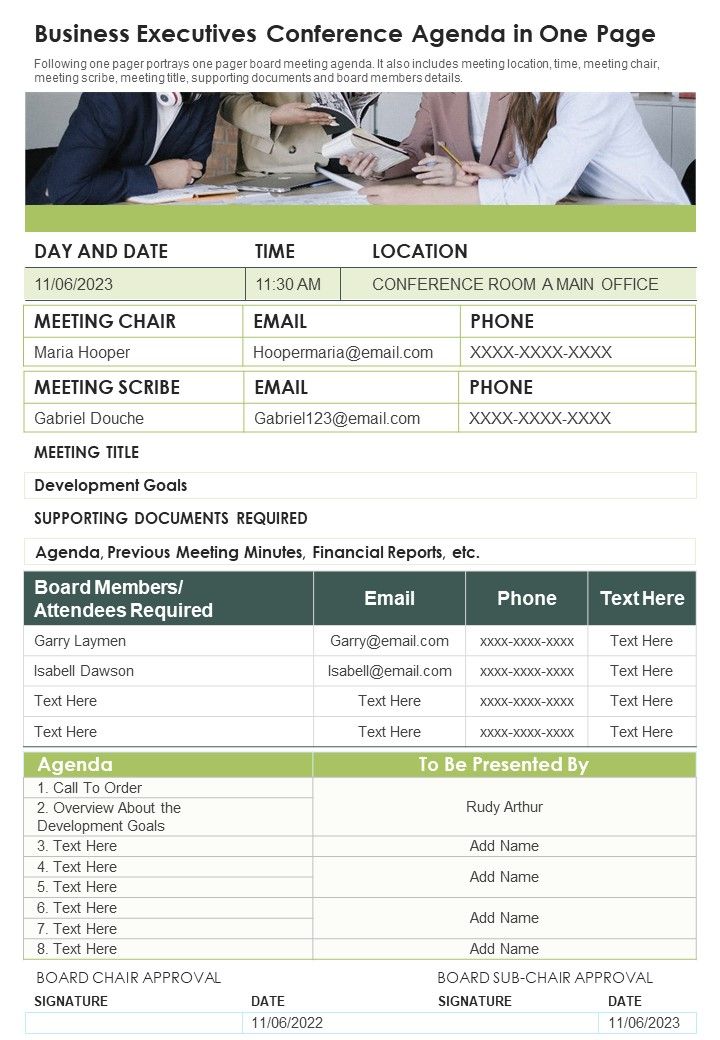 Business Executives Conference Agenda In One Page PDF Document PPT Template Slide01