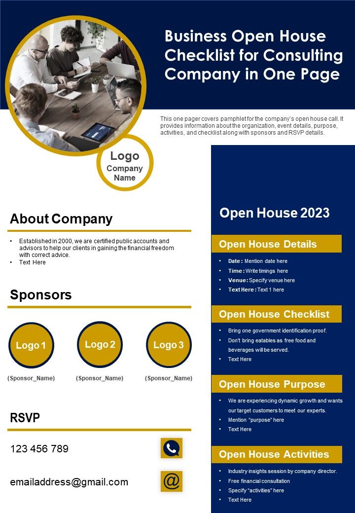 Business Open House Checklist For Consulting Company In One Page PDF Document PPT Template Slide01