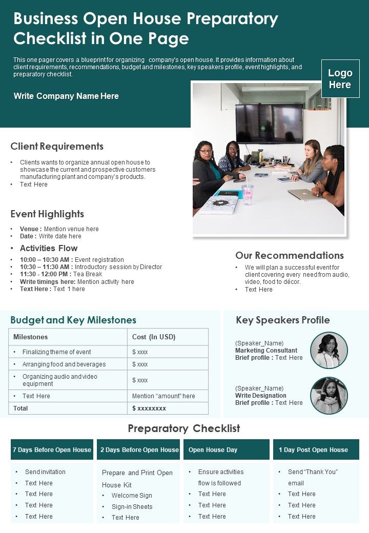 Business Open House Preparatory Checklist In One Page PDF Document PPT Template Slide01