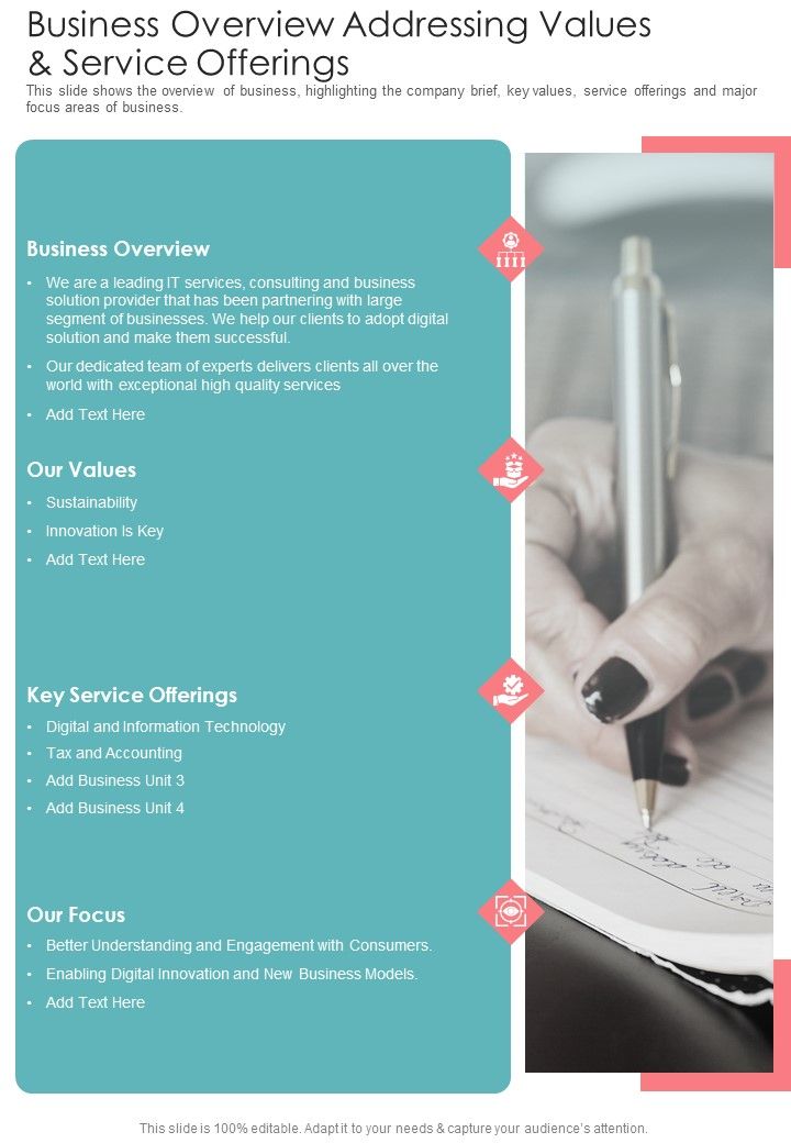 Business Overview Addressing Values And Service Offerings One Pager Documents Slide01