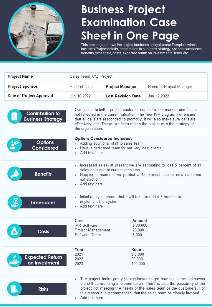 Business Project Examination Case Sheet In One Page PDF Document PPT Template Slide01