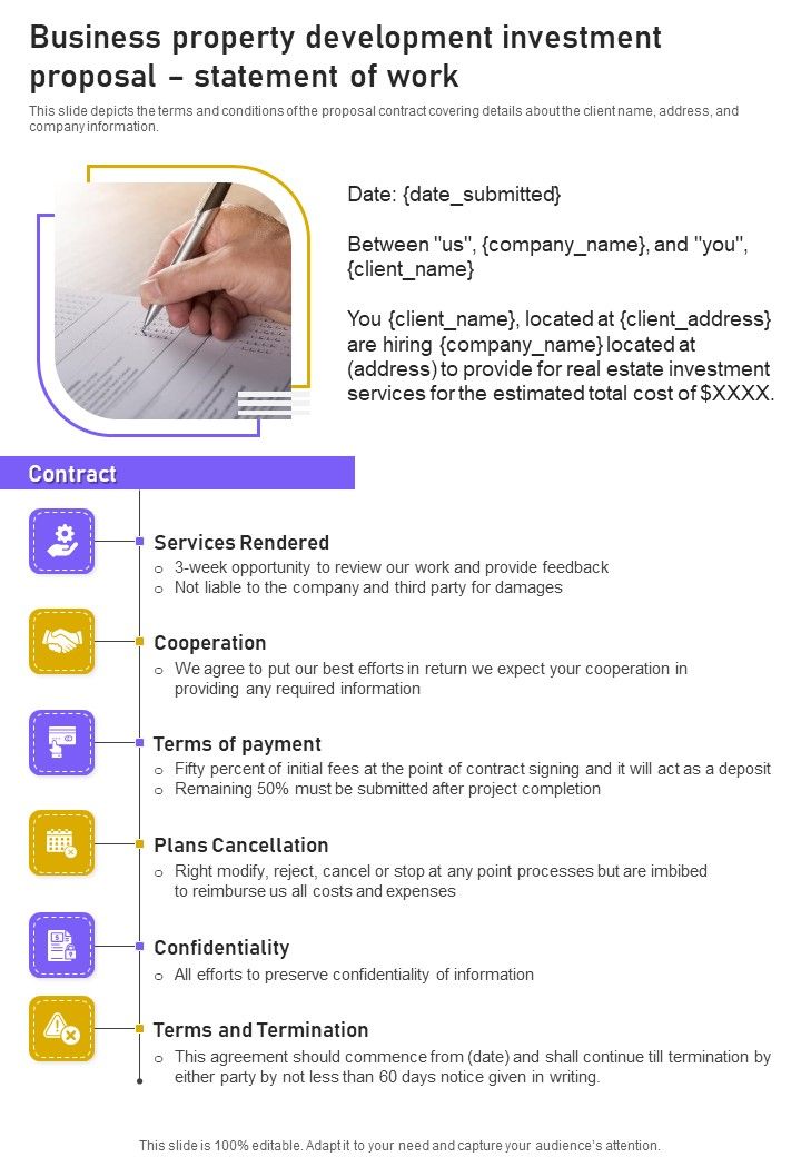 Business Property Development Investment Proposal Statement Of Work One Pager Sample Example Document Slide01