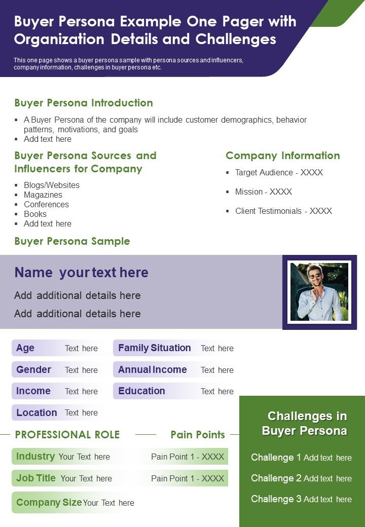 Buyer Persona Example One Pager With Organization Details And Challenges PDF Document PPT Template Slide01
