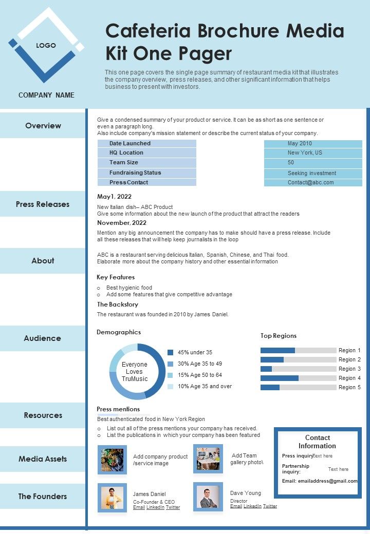 Cafeteria Brochure Media Kit One Pager PDF Document PPT Template Slide01