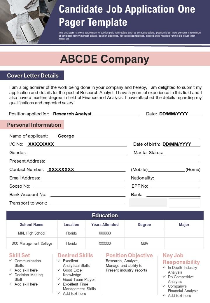 Candidate Job Application One Pager Template PDF Document PPT Template Slide01